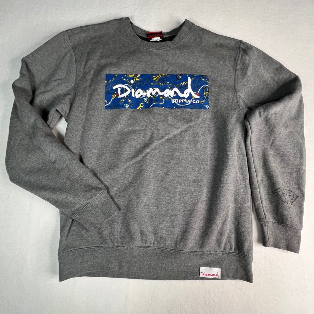 Diamond Supply Co Mens Med Gray Graphic Box Logo Crewneck Sweatshirt Streetwear